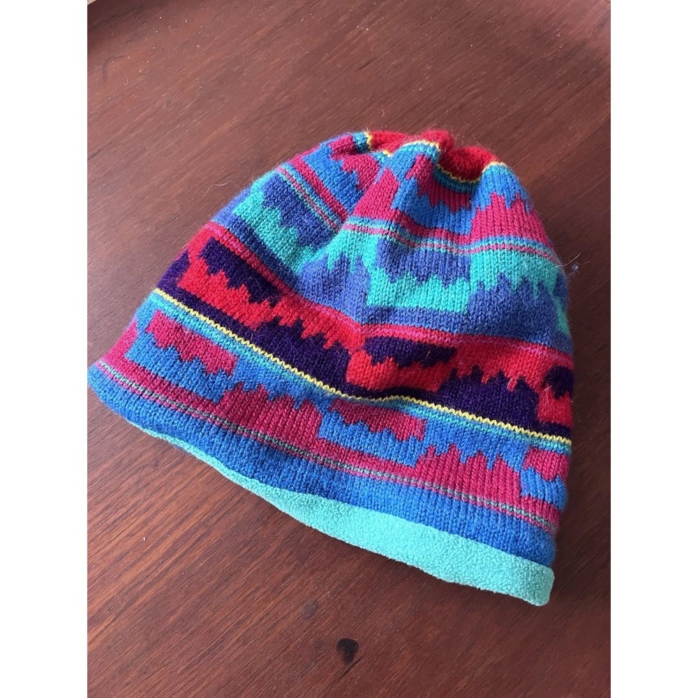 Vintage Patagonia Beanie Hat Knit Fleece Lined Geometric Blue Red F98 Synchilla